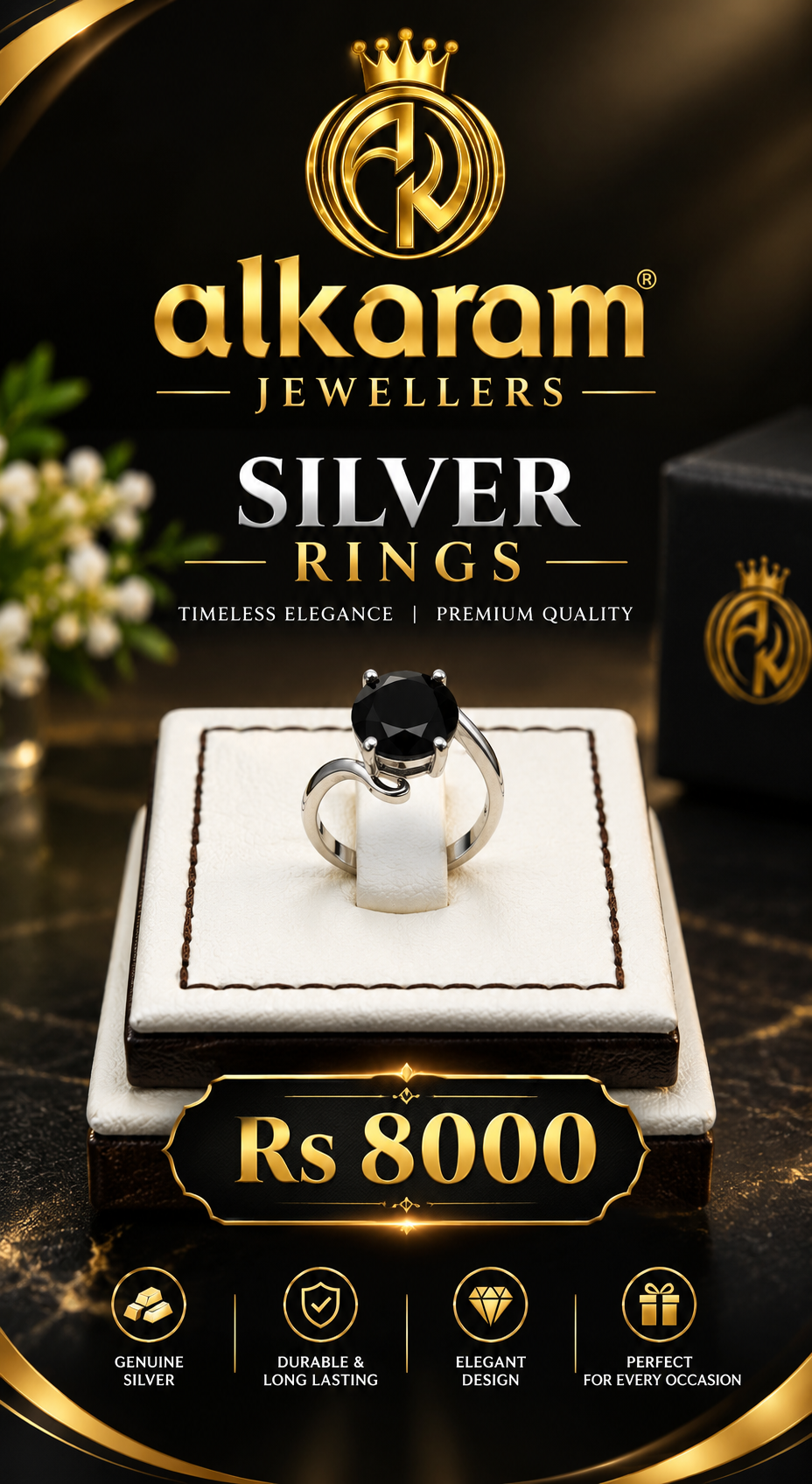 Alkaram Silver Ring with balck stone
